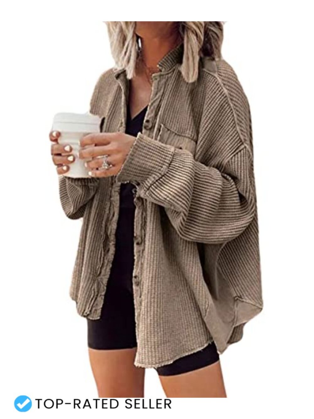 Women's Batwing Sleeve Cardigan Lightweight Waffle Texture Long Boyfriend